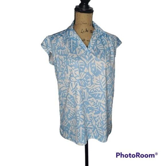 Vintage Tops - Vintage 70s Mod Light Blue White Retro Pattern Shirt